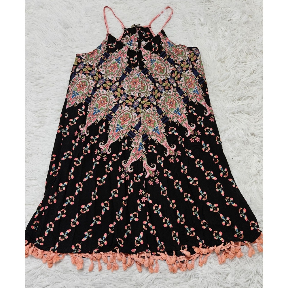 Umgee Women's Sz S Multicolor Tassel Hem Sleeveless Beachy Boho Mini‎ Dress